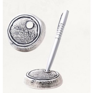 Silver Pen Holder with Old City of Jerusalem Medallion and Important Landmarks Israeli Art