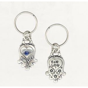 Silver Hamsa Keychain with Hearts, English Text, Flowers and Swarovski Crystals