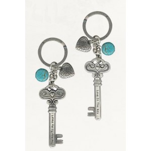 Silver Keychain with Skeleton Key Design, English Text and Heart Charms