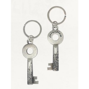 Silver Keychain with Skeleton Key Design, Jerusalem Image and English Text Key Chains