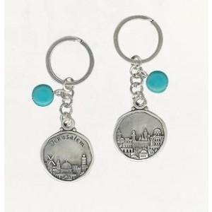 Round Silver Keychain with Jerusalem Depiction and Turquoise Gemstones Israeli Art
