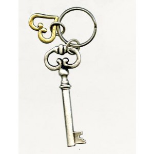 Brass Keychain with Large Skeleton Key and Silver Heart Charm Key Chains