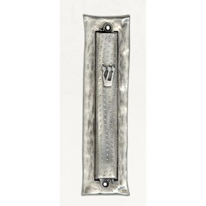 Silver Mezuzah with Hammered Pattern, Hebrew Letter Shin and Dotted Lines Mezuzahs