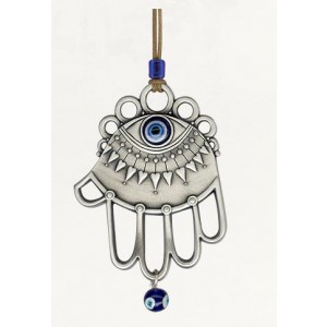 Silver Hamsa Wall Hanging with Modern Evil Eye Design and Hanging Bead