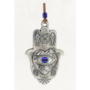 Silver Hamsa with Large Eye, Grapevines, Fish and Doves!