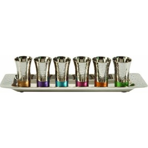 Yair Emanuel Nickel Wine Cup Set with Hammered Pattern and Multicolor Rings Jewish Kitchen & Tableware