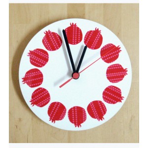 White Analog Clock with Red Striped Pomegranates by Barbara Shaw Clocks