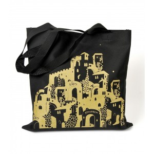Black Canvas Jerusalem Tote Bag with Numerous Shapes by Barbara Shaw Jewish Accessories