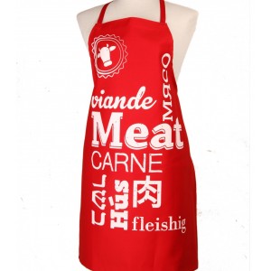 Red Meat Apron with White Text and Multiple Languages by Barbara Shaw Aprons