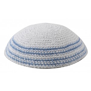 White Knitted Kippah with Light Blue Stripes Bar Mitzvah