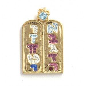 Ten Commandments Pendant in Gold Plated with Mix of Stones Jewish Necklaces