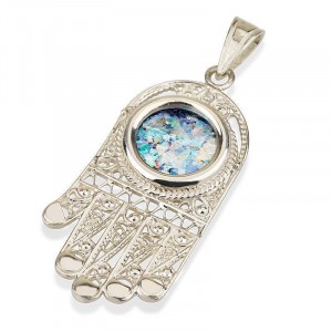 Hamsa Amulet in Silver with Roman Glass Jewish Necklaces