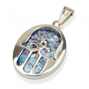 Silver Hamsa Pendant with Roman Glass Jewish Necklaces