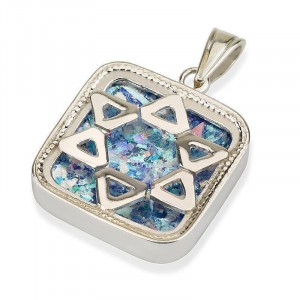 Star of David Pendant in Silver Square with Roman Glass Jewish Necklaces