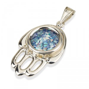 Hamsa-shaped Silver Pendant with Roman Glass Jewish Necklaces