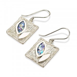 Silver Square Earrings with Roman Glass in Eye Design Israeli Earrings