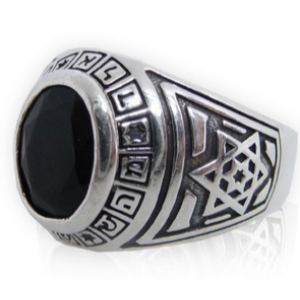 Ring with Divine Names of Hashem, Magen Davids & Onyx Gemstone
