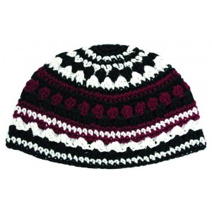 Kippah with Knitted Frik Design in Bordeaux, Black and White