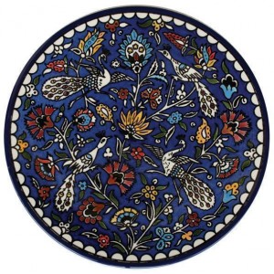Armenian Ceramic Plate with White Peacock and Floral Motif Jewish Home Decor