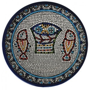 Armenian Ceramic Plate with Mosaic Fish & Bread Jewish Home Decor