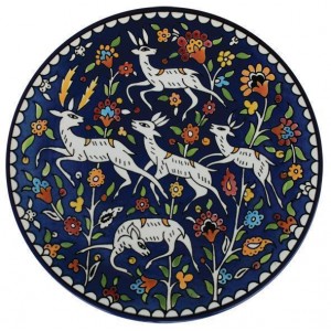 Armenian Ceramic Plate with Sprinting Gazelles & Flowers Jewish Home Decor