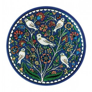 Armenian Ceramic Plate with Ornamental Flower Motif & Birds Jewish Home Decor