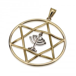 Star of David Disc Pendant with Menorah in 14k Two-Tone Gold Jewish Necklaces