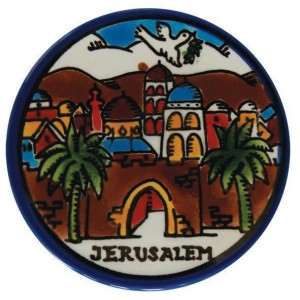 Armenian Ceramic Ornament Plate with Jerusalem & Pine Tree Motif Jewish Home Decor