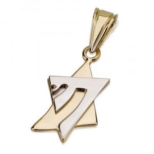 Star of David with Overlying Chai Pendant in 14k Yellow Gold Jewish Necklaces