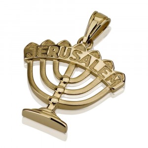 Menorah with Jerusalem Engraving Pendant in 14k Yellow Gold Jewish Necklaces