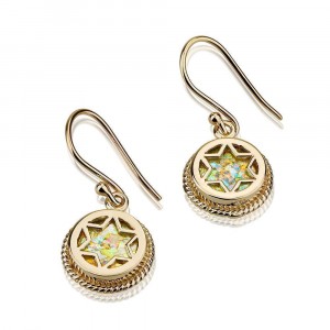 Earrings with Star of David and Roman Glass in 14k Yellow Gold Israeli Earrings