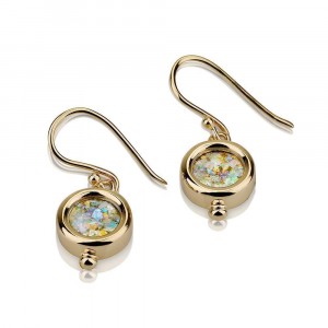 Earrings in Round Design and Roman Glass in 14k Yellow Gold Israeli Earrings