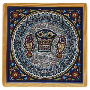Armenian Wooden Trivet with Mosaic Fish & Bread Armenian Ceramics
