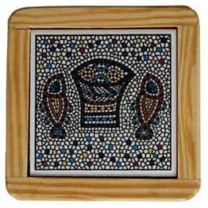 Armenian Wooden Coaster with Mosaic Fish & Bread Jewish Home Decor