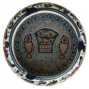 Armenian Ceramic Round Ashtray with Mosaic Fish & Bread Jewish Home Decor