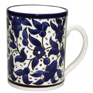 Armenian Ceramic Mug with Anemones Flower Motif in Blue Jewish Home Decor