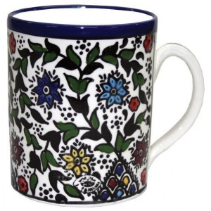 Armenian Ceramic Mug with Floral Anemones Motif Jewish Home Decor