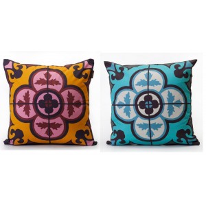 Cushion with Blue Ottoman Style Tile with Flower Design Barbara Shaw