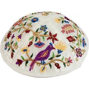 Kippah with Colorful Embroidered Birds & Flowers- Yair Emanuel Kippot