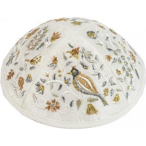 Kippah with Gold & Silver Embroidered Birds & Flowers- Yair Emanuel Kippot