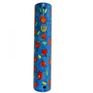 Hand painted Mezuzah with Small Pomegranates in Wood-Yair Emanuel Mezuzahs