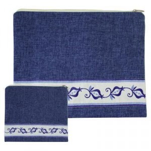 Tallit & Tefillin Bags Set in Blue Linen with Pomegranates Tefillin and Tefillin Bags