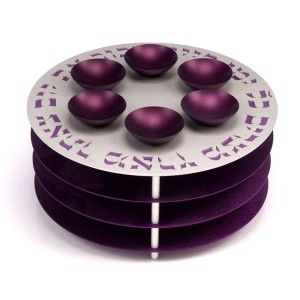 Purple Aluminum Seder Plate with Matzah Plates, Hebrew Text and Six Bowls Seder Plates