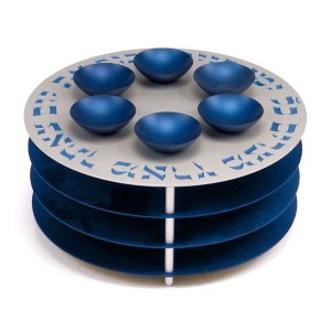 Blue Aluminum Seder Plate with Matzah Plates, Hebrew Text and Six Bowls Seder Plates