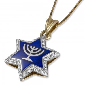 Star of David Pendant with Menorah in 14K Gold & Diamond Jewish Necklaces