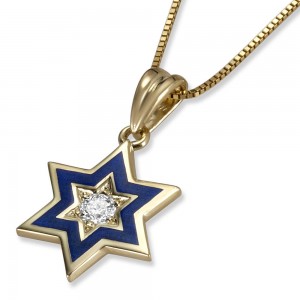 Star of David Pendant in 14k Yellow Gold & Blue Enamel with Center Round Diamond  Jewish Necklaces