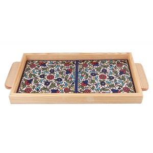 Armenian Ceramic Tray with Wooden Border and Floral Design Jewish Home Decor