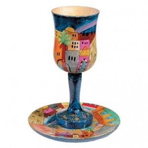 Yair Emanuel Large Wooden Kiddush Cup and Saucer with Jerusalem Depictions Shabbat