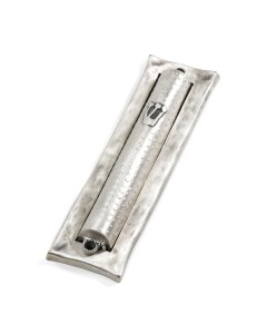 Silver Mezuzah with Hammered Pattern, Hebrew Letter Shin and Dotted Lines Mezuzahs