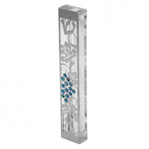 Mezuzah in Aluminum with Silver Grape Decoration & Blue Gems Mezuzahs